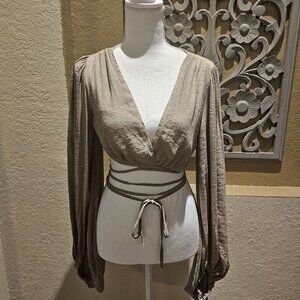 Princess Polly Ayesha Size 6 Brown Boho Peasant Hippie Balloon Sleeve Top NEW